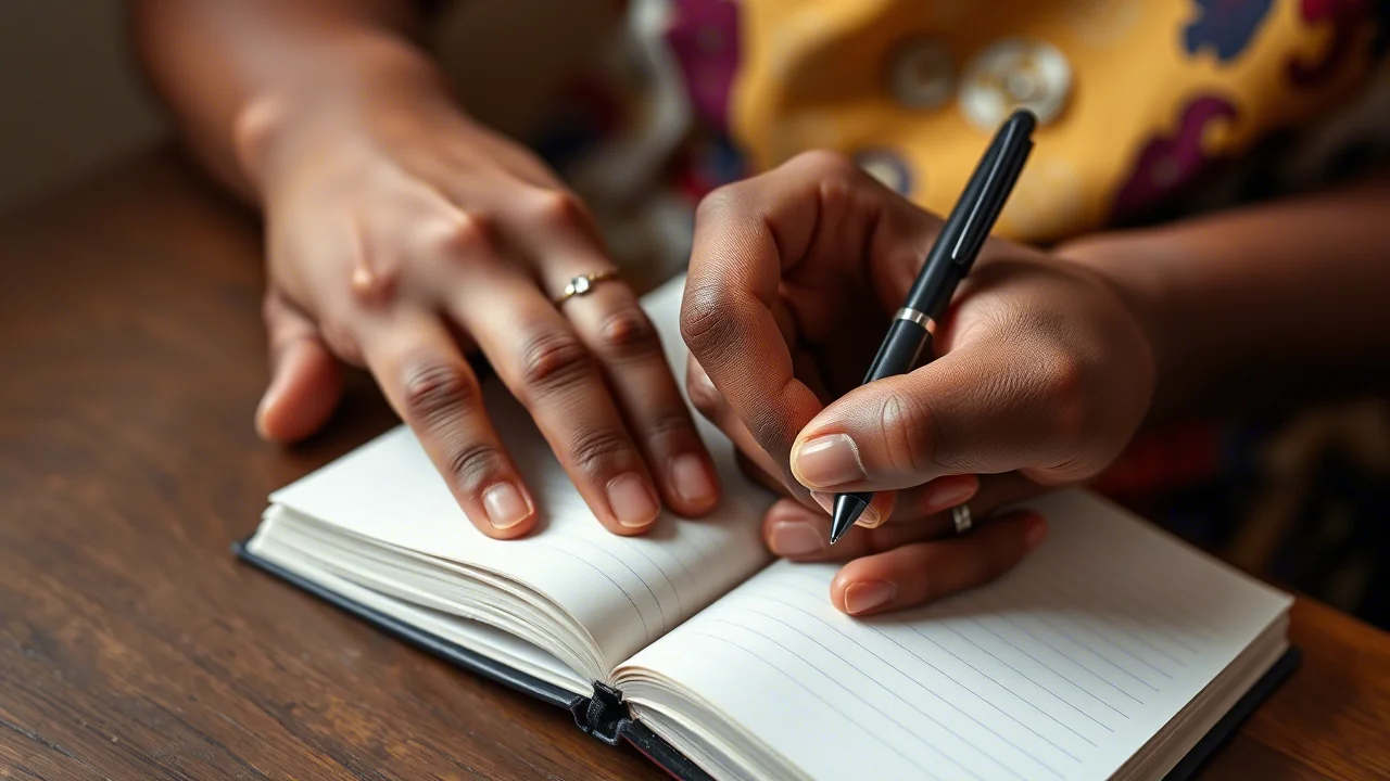 Immagine simbolica che rappresenta il concetto di matrimonio e istruzione in Africa Subsahariana. Potrebbe essere un primo piano (obiettivo macro 85mm) di due mani: una giovane mano femminile con un anello nuziale semplice e l'altra che tiene una penna su un quaderno aperto. Illuminazione controllata, alta definizione dei dettagli, sfondo leggermente sfocato.