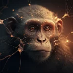 Primo piano di neuroni interconnessi nel cervello di un primate, illuminati da una luce calda, stile macrofotografia neurologica, alta definizione, messa a fuoco precisa, illuminazione controllata, obiettivo macro 100mm.