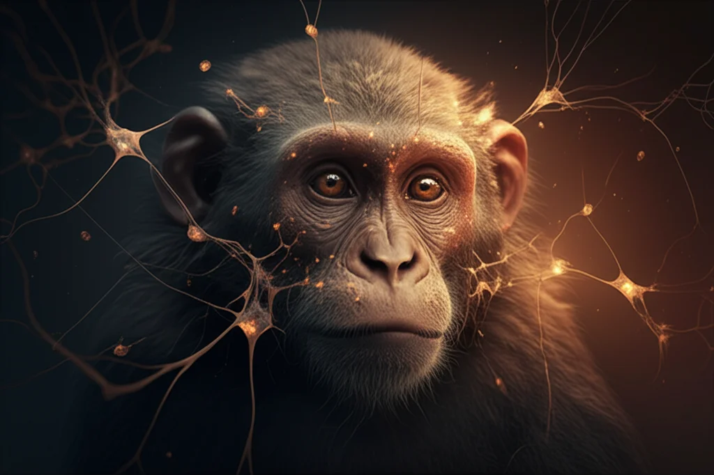 Primo piano di neuroni interconnessi nel cervello di un primate, illuminati da una luce calda, stile macrofotografia neurologica, alta definizione, messa a fuoco precisa, illuminazione controllata, obiettivo macro 100mm.