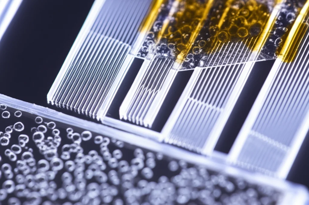 Primo piano fotorealistico, obiettivo macro 70mm, di un dispositivo Organ-on-a-Chip funzionante. Si vedono cellule vive all'interno di canali microfluidici trasparenti (materiale COC). Luce laterale controllata, alta definizione, focus sulle cellule e sull'interfaccia materiale-liquido.