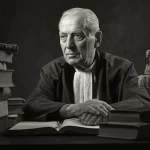 Ritratto fotografico in stile film noir di un uomo anziano pensieroso, simile a un accademico o giurista, seduto a una scrivania ingombra di libri di legge antichi, luce laterale drammatica che crea forti contrasti e ombre profonde sul viso e sullo sfondo, obiettivo 35mm, bianco e nero.