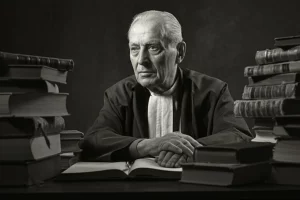 Ritratto fotografico in stile film noir di un uomo anziano pensieroso, simile a un accademico o giurista, seduto a una scrivania ingombra di libri di legge antichi, luce laterale drammatica che crea forti contrasti e ombre profonde sul viso e sullo sfondo, obiettivo 35mm, bianco e nero.