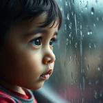 Ritratto toccante di un bambino latino che guarda fuori da una finestra in una giornata piovosa, simboleggiando l'incertezza. Obiettivo 50mm, profondità di campo ridotta per concentrarsi sul bambino, toni leggermente freddi, luce naturale soffusa.
