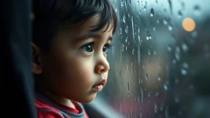 Ritratto toccante di un bambino latino che guarda fuori da una finestra in una giornata piovosa, simboleggiando l'incertezza. Obiettivo 50mm, profondità di campo ridotta per concentrarsi sul bambino, toni leggermente freddi, luce naturale soffusa.