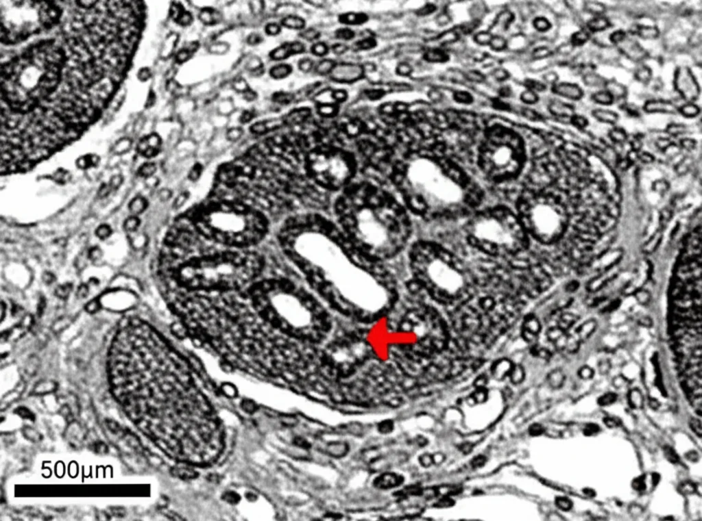 Micrografia elettronica a trasmissione (TEM) ad alta risoluzione di una cellula epiteliale intestinale dopo ischemia-riperfusione. Si notano mitocondri gonfi con creste distrutte (segno di danno) e possibile rilascio di mtDNA nel citoplasma. Obiettivo ad alta magnificazione (es. 50000x), illuminazione controllata, dettaglio elevato, messa a fuoco precisa.