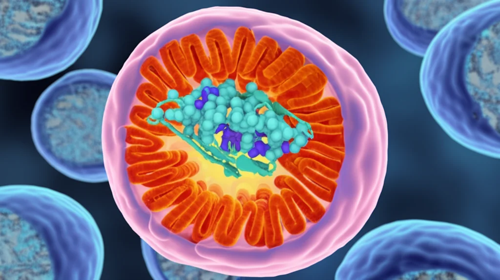 Illustrazione 3D fotorealistica che mostra la proteina TFAM (struttura molecolare stilizzata) che si lega e compatta il DNA mitocondriale (mtDNA) all'interno di un mitocondrio sano. Illuminazione interna morbida, alta definizione, focus sulla stabilità del complesso TFAM-mtDNA.