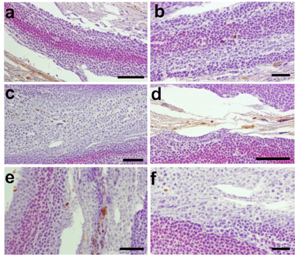 Confronto tra sezioni istologiche di intestino tenue di topo normale (WT) e topo STING knockout (STING-/-) dopo IIR. Colorazione HeE. L'immagine del topo STING-/- mostra villi intestinali molto più integri e meno infiammazione. Obiettivo 20x, luce trasmessa, alta risoluzione, confronto affiancato.