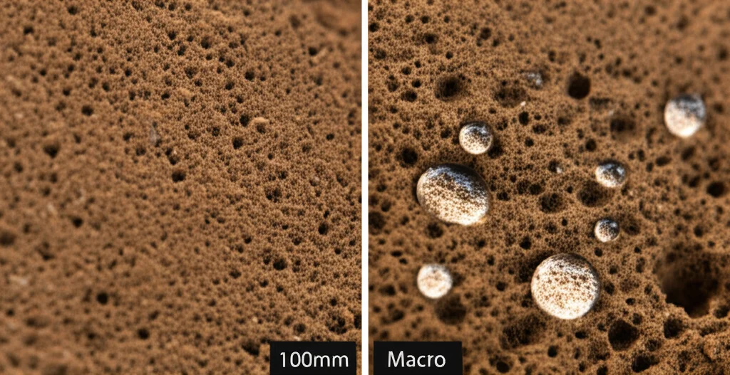 Fotografia macro di un campione di terreno loess, 100mm Macro lens, alta definizione, illuminazione controllata, che mostra la sua struttura porosa e fine, con alcune gocce d'acqua che iniziano a infiltrarsi.