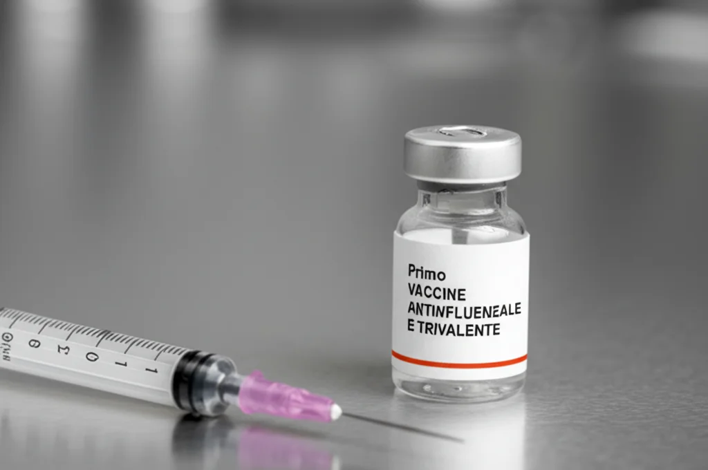 Primo piano di una fiala di vaccino antinfluenzale trivalente e una siringa su un tavolo medico sterile in acciaio, illuminazione da laboratorio controllata e precisa, obiettivo macro 100mm, alta definizione dei dettagli sull'etichetta della fiala.