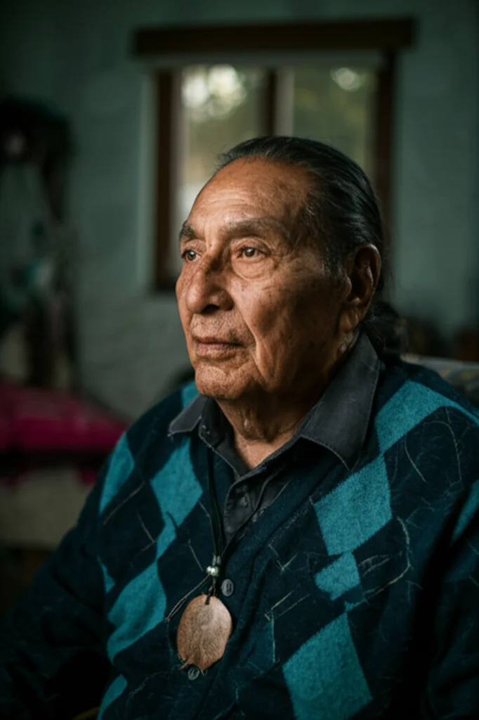 Ritratto fotografico di un uomo anziano Nativo Americano in New Mexico, espressione pensierosa ma aperta, luce naturale laterale che evidenzia le rughe del viso, sfondo leggermente sfocato di un ambiente domestico tradizionale, obiettivo 50mm, profondità di campo media, colori naturali e caldi.