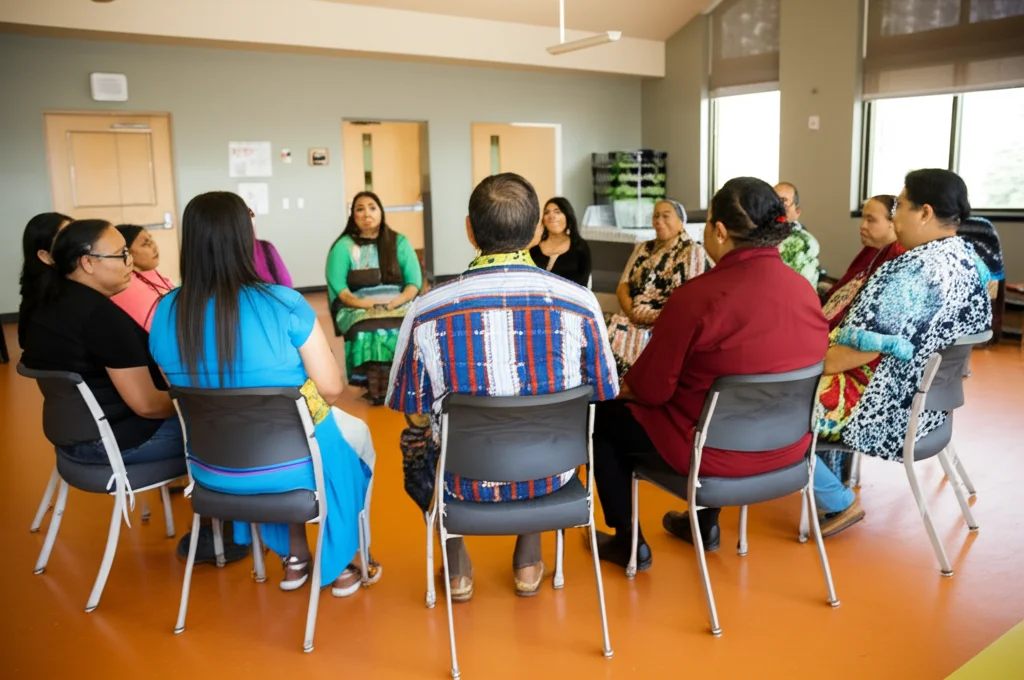 Fotografia di un gruppo di discussione (focus group) in un centro comunitario Nativo Americano, persone di età diverse sedute in cerchio, un facilitatore prende appunti, atmosfera collaborativa e di ascolto, luce naturale da finestre ampie, obiettivo 28mm per includere il gruppo e l'ambiente, colori vivaci negli abiti tradizionali.