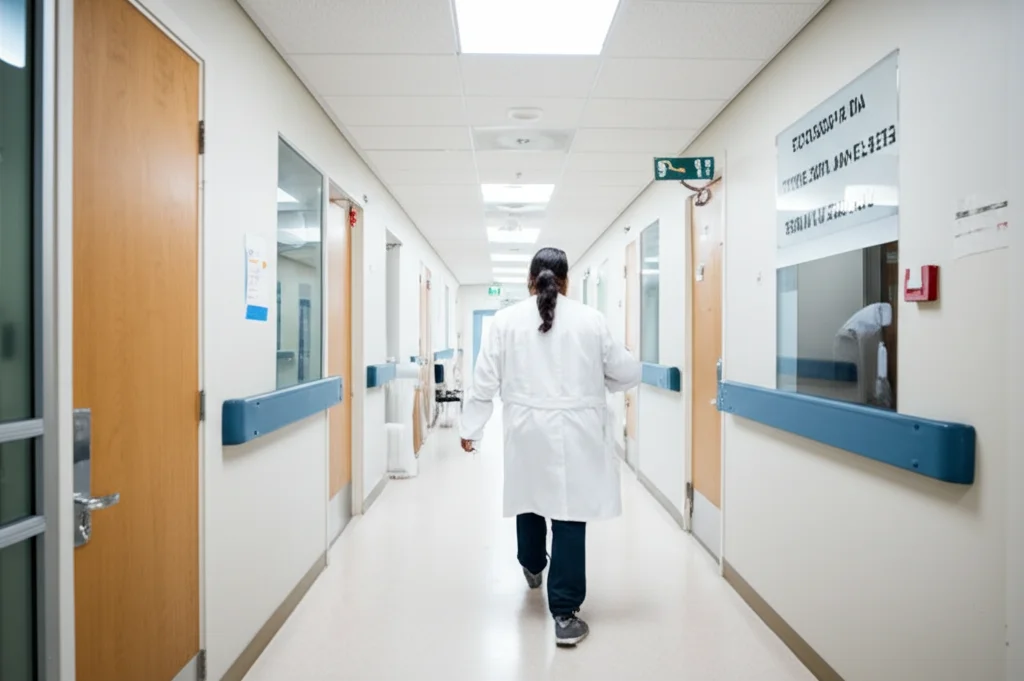Fotografia di interni di una clinica sanitaria tribale, un corridoio con porte di ambulatori, segnaletica bilingue (inglese/lingua nativa), un operatore sanitario in camice che cammina, luce artificiale chiara ma funzionale, obiettivo 35mm, messa a fuoco nitida sull'ambiente clinico.