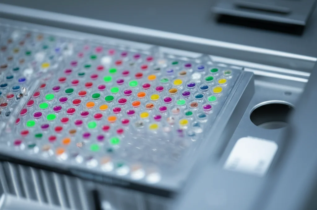 Immagine macro di una piastra per sequenziamento NGS in un laboratorio high-tech, illuminazione controllata, messa a fuoco precisa sui pozzetti colorati, obiettivo macro 100mm, alta risoluzione.