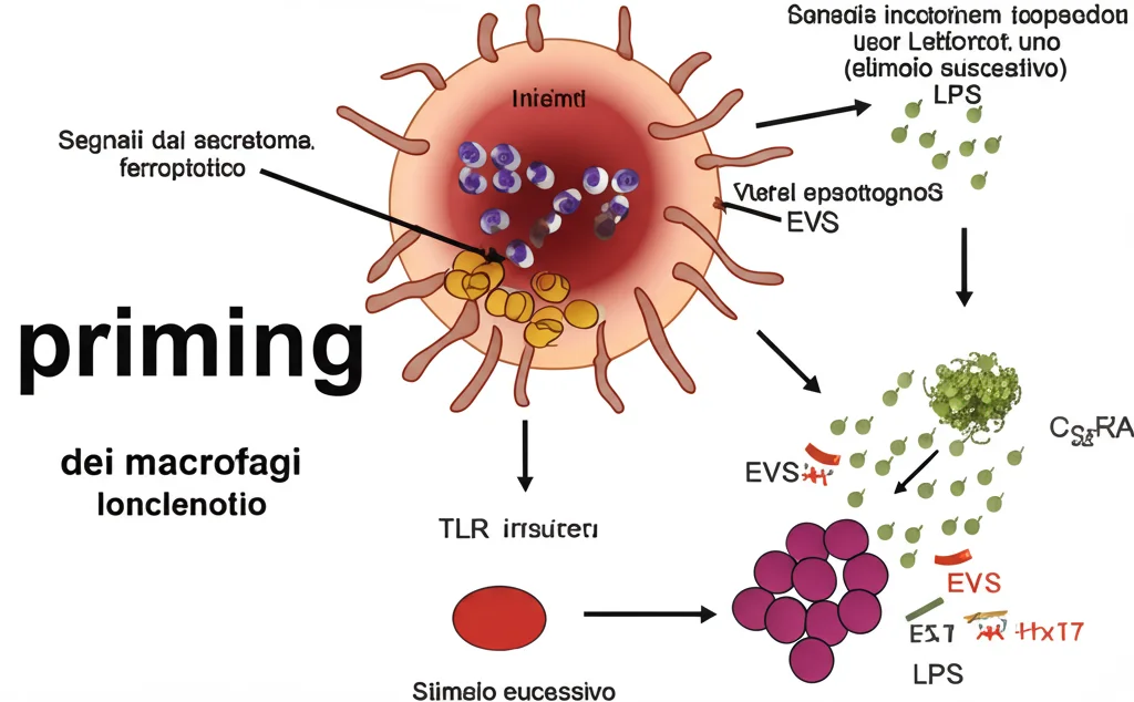 Infografica scientifica che illustra il concetto di priming dei macrofagi. Si vede un macrofago che riceve segnali (molecole dal secretoma ferroptotico, incluse EVs) che attivano i recettori TLR, rendendolo iper-reattivo a uno stimolo successivo (LPS). Wide-angle lens, 20mm, sharp focus, colori chiari e distinti.