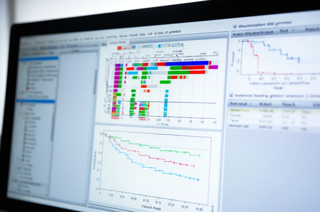 Visualizzazione dati genomici su uno schermo di computer, grafici complessi come waterfall plot che mostrano mutazioni geniche (ARID1A, ZFHX4 evidenziate) e curve di Kaplan-Meier per la sopravvivenza, ambiente di ricerca scientifica, profondità di campo, obiettivo 50mm.