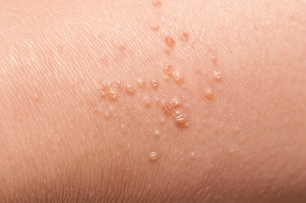 Immagine macro di pelle umana affetta da dermatite atopica, mostrando secchezza, rossore e piccole lesioni da grattamento. Obiettivo macro 100mm, alta definizione, illuminazione laterale controllata per enfatizzare la texture della pelle sofferente.