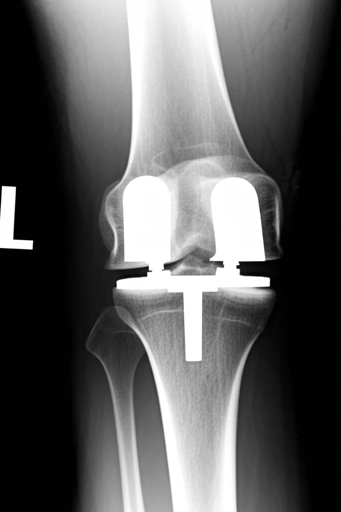 Immagine macro di una radiografia che mostra una protesi totale di ginocchio. Obiettivo macro 100mm, alta definizione dei dettagli dell'impianto e dell'osso circostante, illuminazione controllata per massimizzare il contrasto, stile fotorealistico, potenzialmente in bianco e nero per un look clinico.