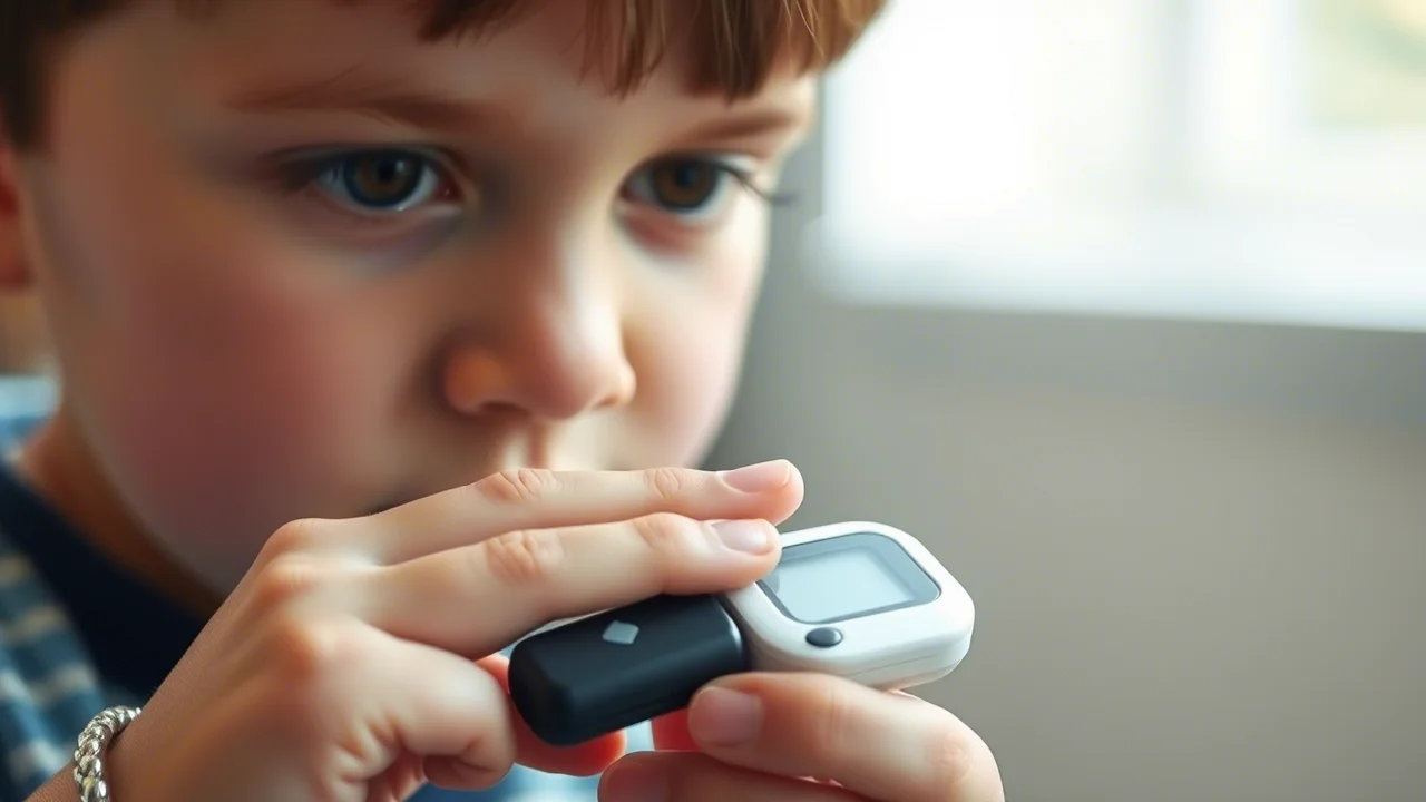 Un bambino piccolo che si misura la glicemia al dito con un glucometro, espressione concentrata ma serena. Luce naturale morbida, stile ritratto, obiettivo 35mm, profondità di campo per sfocare leggermente lo sfondo.