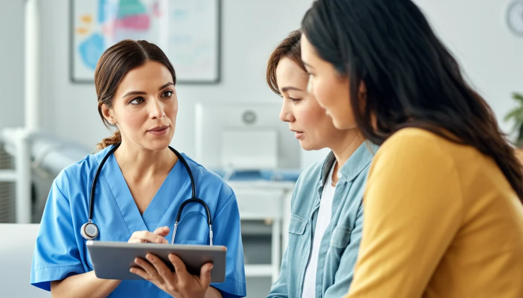 Un'infermiera specializzata in diabetologia pediatrica che mostra un grafico su un tablet a un adolescente e a un genitore in un ambiente clinico luminoso e accogliente. Stile documentaristico, obiettivo 50mm, luce controllata.