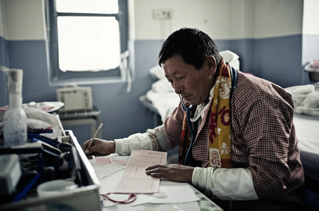 Fotografia di un medico bhutanese in un pronto soccorso con attrezzature limitate, che esamina un ECG. Obiettivo prime 35mm, luce soffusa, profondità di campo per mettere a fuoco il medico e l'ECG, toni leggermente desaturati.