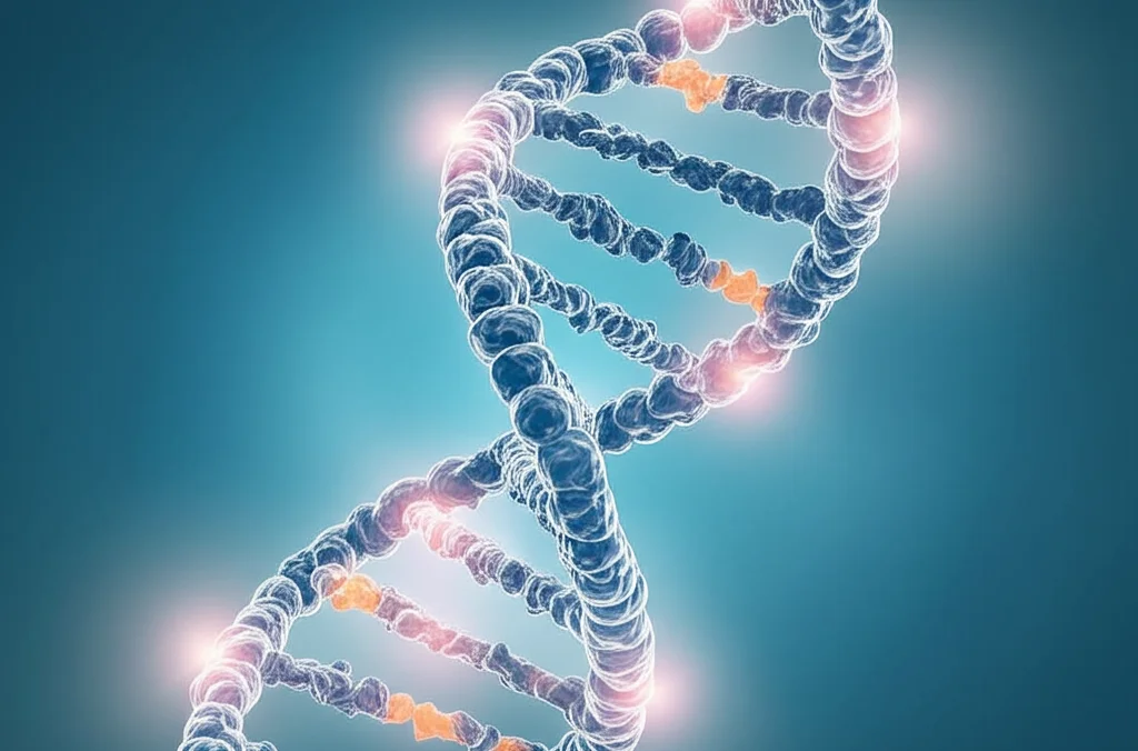Macro fotografia ad alta definizione di un modello di doppia elica del DNA, illuminazione da laboratorio controllata, lente macro 90mm, con alcune basi evidenziate da un bagliore sottile per rappresentare i siti di metilazione epigenetica.