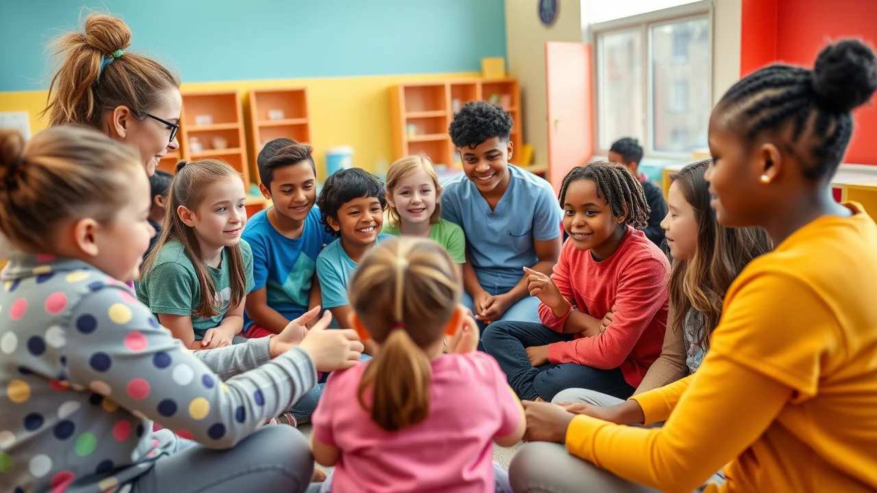 Un gruppo diversificato di bambini e adolescenti con diabete tipo 1 che partecipano attivamente a una sessione educativa interattiva con un educatore sanitario. Ambiente colorato e positivo, obiettivo grandangolare 24mm per includere il gruppo, luce vivace.