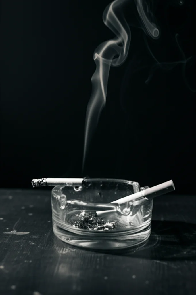 Fotografia in bianco e nero stile film noir, 35mm, di una sigaretta che brucia lentamente in un posacenere di vetro su un tavolo scuro, con una spirale di fumo che sale creando un'atmosfera cupa, focus selettivo sulla punta ardente.