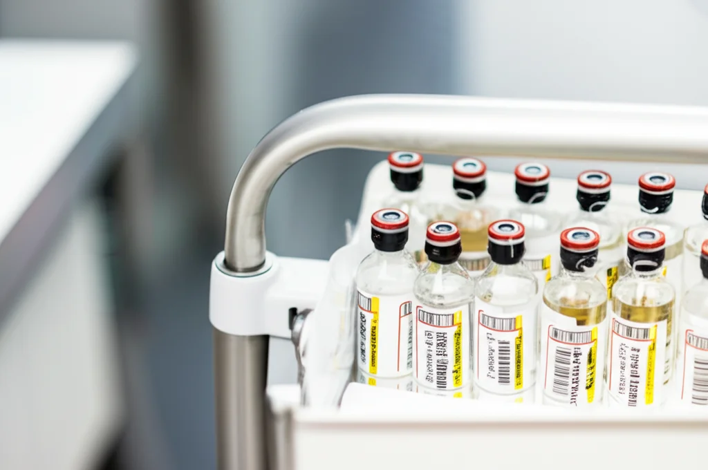 Immagine macro di fiale di farmaci trombolitici (es. alteplase) su un carrello medico in un contesto ospedaliero. Obiettivo macro 100mm, alta definizione, illuminazione controllata per evidenziare le etichette, messa a fuoco precisa sulla fiala.
