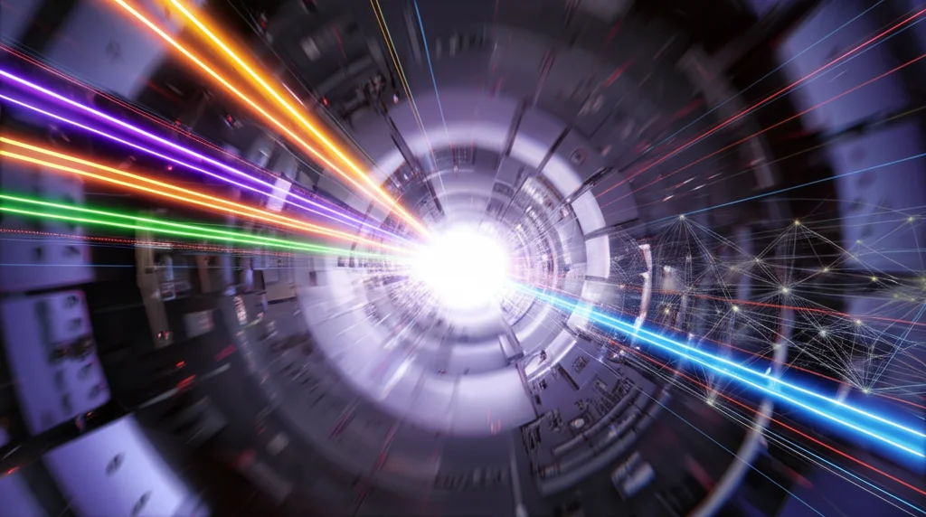 Visualizzazione 3D astratta all'interno di un acceleratore di particelle come l'LHC. Fasci luminosi colorati rappresentano le tracce delle particelle che si intersecano e divergono da un punto centrale luminoso (la collisione). Un'intelligenza artificiale (simboleggiata da una rete neurale sovrapposta) analizza rapidamente queste tracce. Stile fotorealistico, obiettivo telephoto zoom 150mm, fast shutter speed per congelare il movimento delle tracce, action tracking attivo.