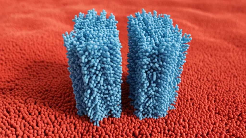 Visualizzazione 3D scientifica della tossina bicomponente LukED (proteine LukE e LukD assemblate) mentre interagisce e forma un poro sulla membrana lipidica di una cellula immunitaria (es. neutrofilo), evidenziando il meccanismo d'azione a livello molecolare, alta definizione.
