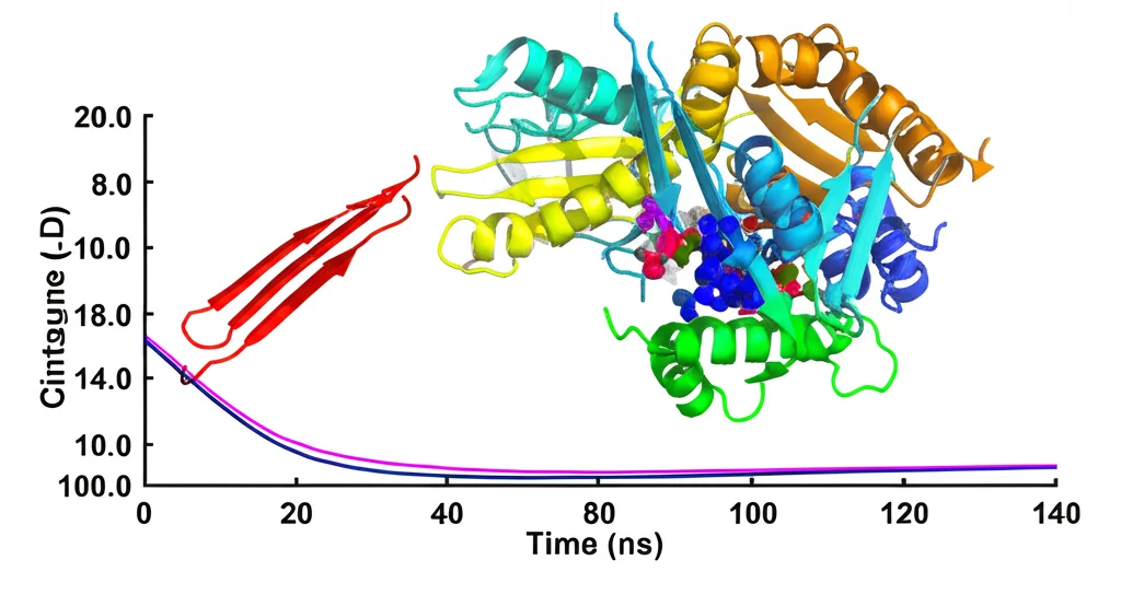 Animazione o immagine statica che mostra il risultato di una simulazione di dinamica molecolare (MD) di una proteina vaccinale in ambiente acquoso virtuale. Si vedono le fluttuazioni atomiche e la stabilità della struttura 3D nel tempo simulato (100 ns), grafica scientifica avanzata.