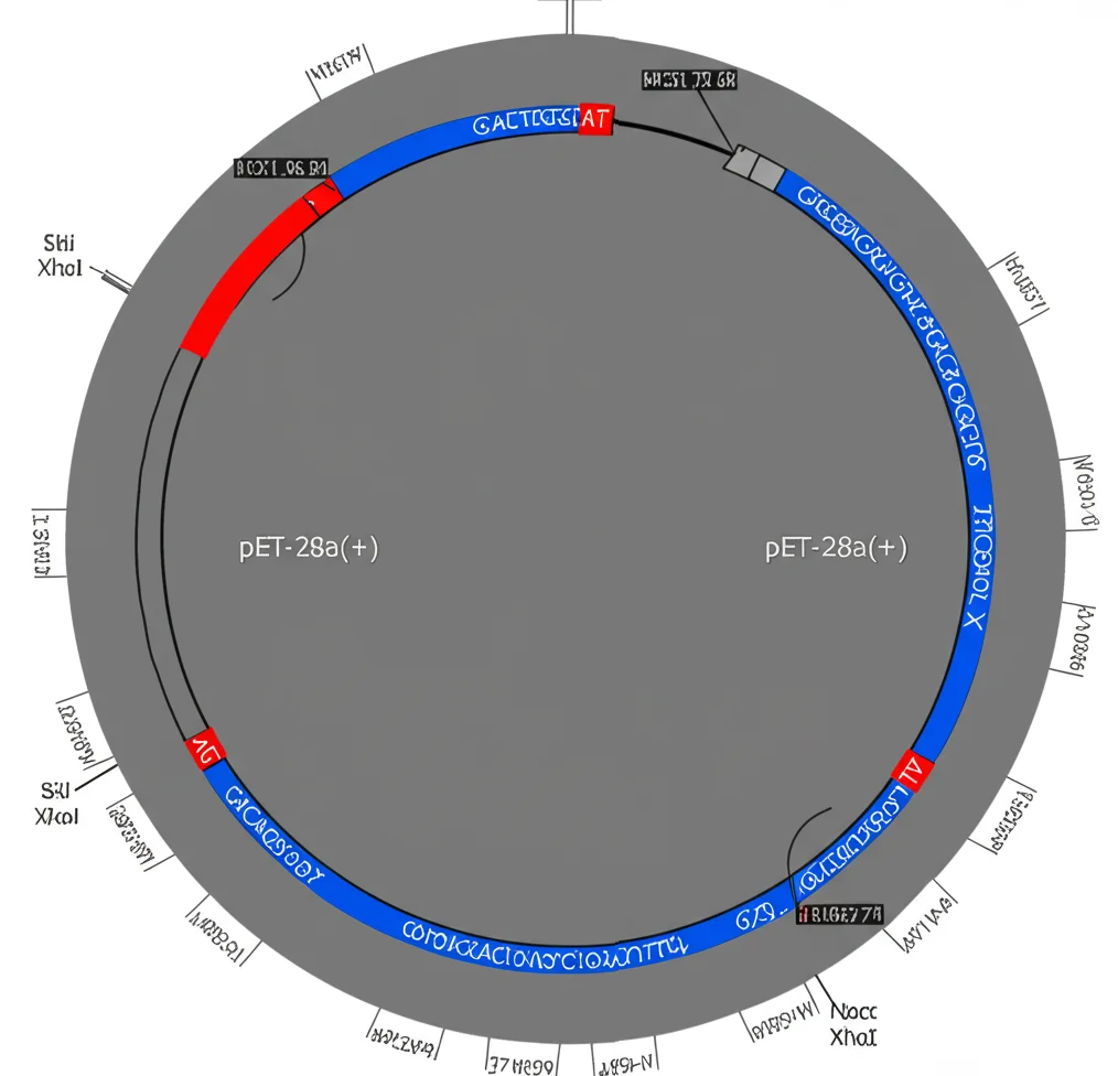 Mappa circolare di un plasmide pET-28a(+) visualizzata con un software come SnapGene, che mostra il gene del vaccino multi-epitopo (in rosso o altro colore distintivo) inserito tra i siti di restrizione NcoI e XhoI, con altre caratteristiche del vettore annotate.