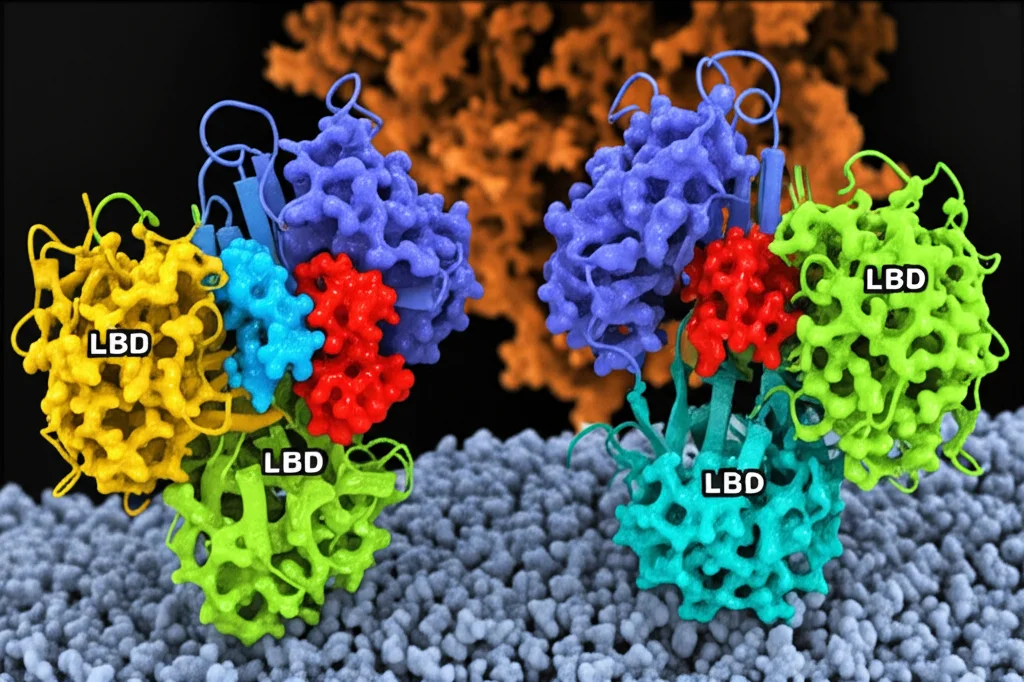 Macro fotografia, obiettivo 100mm, di una struttura proteica complessa che rappresenta un dimero mGluR incorporato in una membrana cellulare. Evidenzia due domini specifici (LBD) che mostrano un movimento dinamico, uno che si chiude come una conchiglia, l'altro che ruota rispetto al suo partner. Illuminazione controllata, alto dettaglio, messa a fuoco precisa.