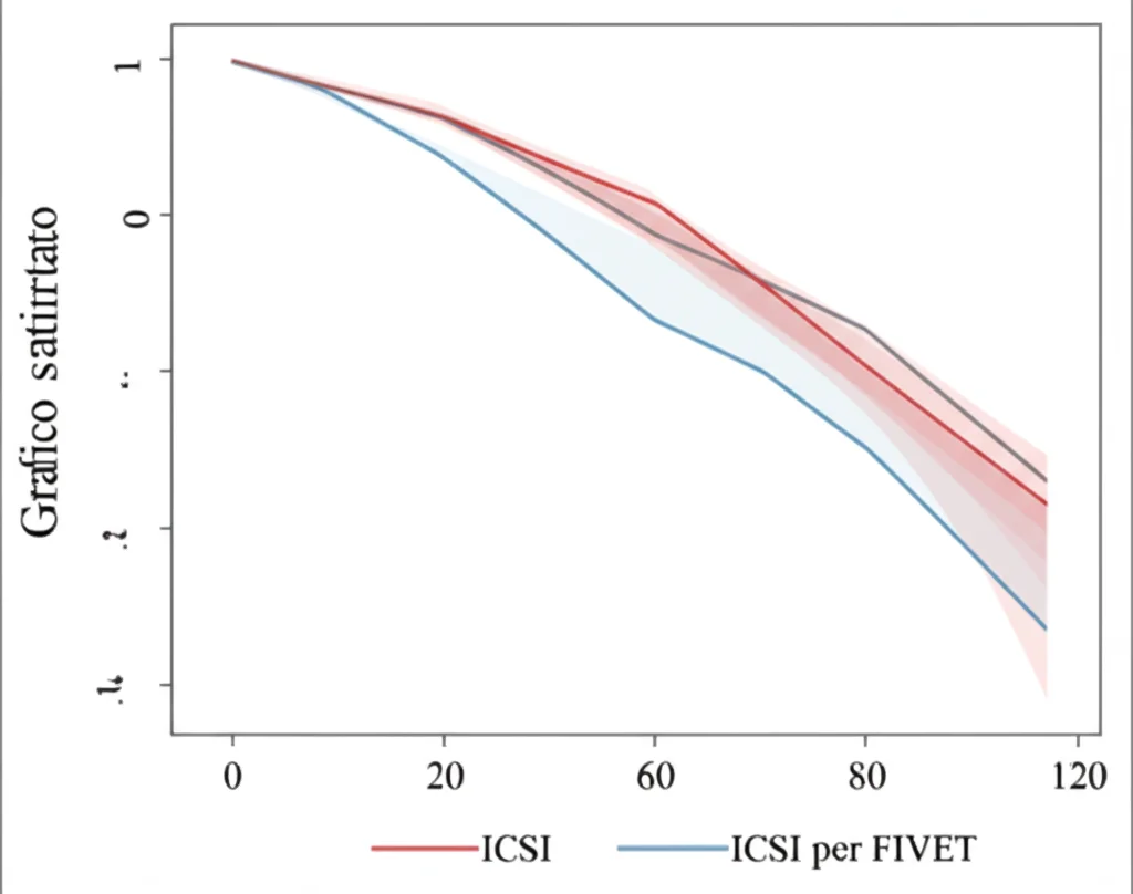 Grafico statistico astratto che mostra due linee di tendenza, una per ICSI e una per FIVET, che convergono dopo l'aggiustamento per fattori confondenti, rappresentando tassi di successo simili. Stile pulito e moderno.