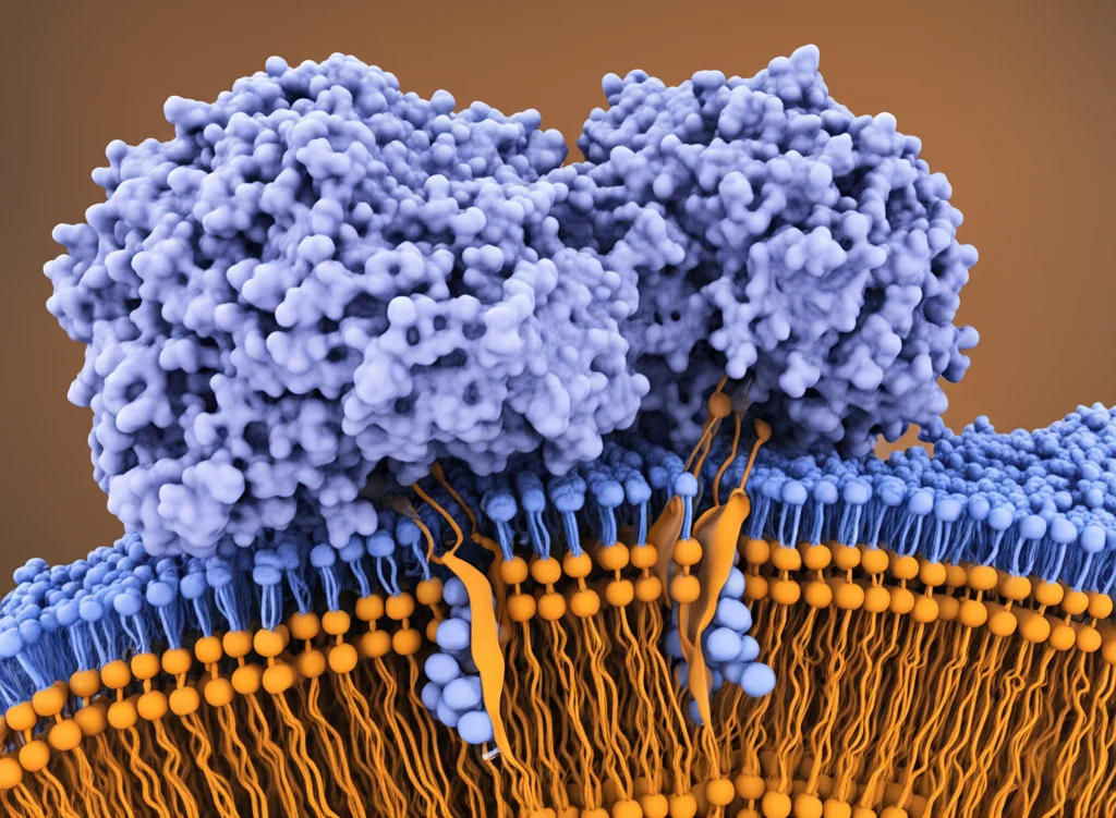 Rendering fotorealistico di un dimero recettore mGluR completo che attraversa una membrana cellulare. Utilizza un effetto obiettivo grandangolare (20mm) per mostrare i grandi LBD extracellulari, i linker CRD di collegamento (sottilmente evidenziati) e i domini transmembrana (TMD) incorporati nel doppio strato lipidico. Illuminazione morbida e diffusa.