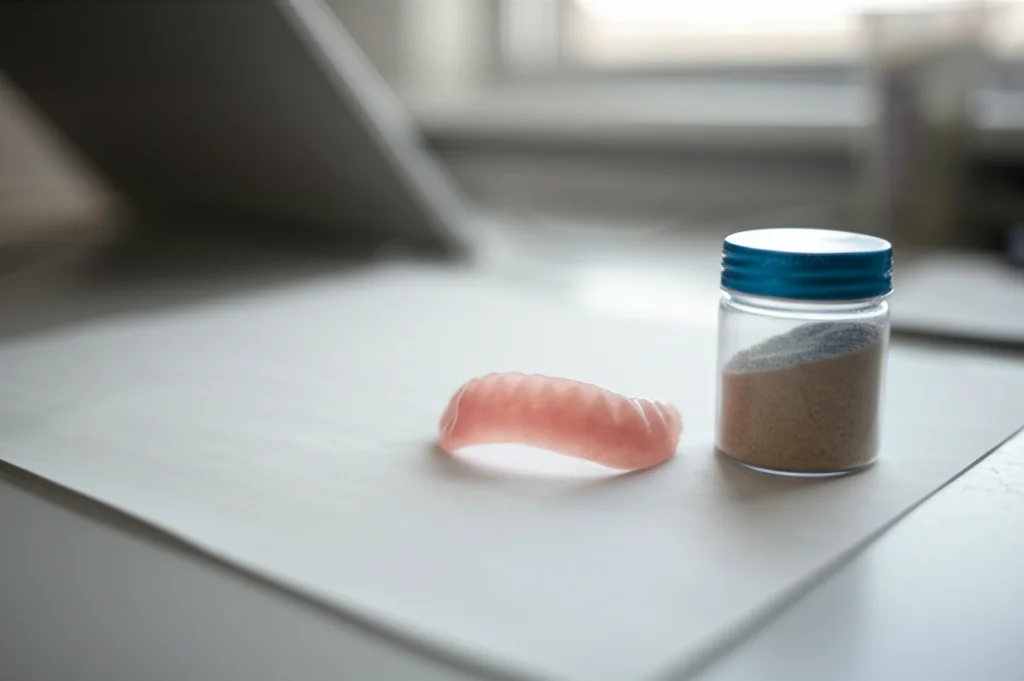 Immagine di una protesi dentaria completa rosa brillante appoggiata su un banco da lavoro pulito in un laboratorio odontotecnico. Accanto, un piccolo contenitore con polvere fine di PMMA riciclato. Luce naturale da finestra laterale, profondità di campo ridotta per focalizzare sulla protesi, obiettivo 50mm.