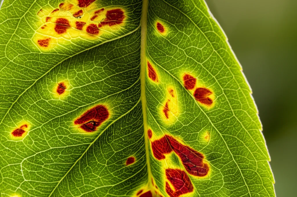 Fotografia macro di una foglia di Pyrus betulaefolia che mostra segni iniziali di appassimento dovuti alla siccità. Lente macro 100mm, alta definizione, luce laterale controllata per enfatizzare la texture leggermente rugosa della foglia.