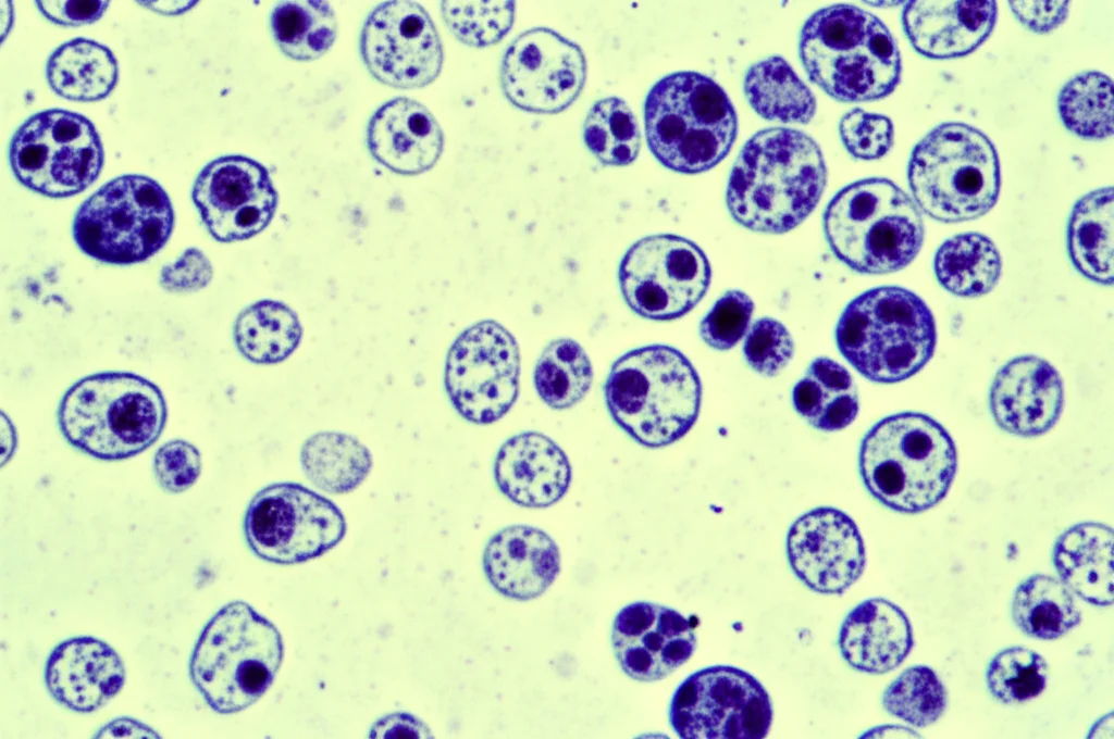 Immagine al microscopio di cellule prelevate da un lavaggio peritoneale, obiettivo macro 100mm, alta definizione dei dettagli cellulari, illuminazione controllata per evidenziare nuclei anomali, sfondo leggermente sfocato.