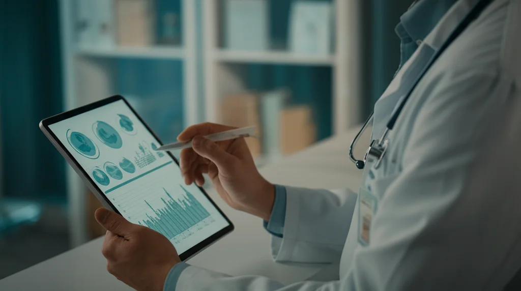 Medico oncologo che analizza dati complessi e grafici predittivi su un tablet in uno studio medico luminoso, ritratto 35mm, profondità di campo che mette a fuoco il medico e il tablet, sfondo leggermente sfocato con librerie mediche.