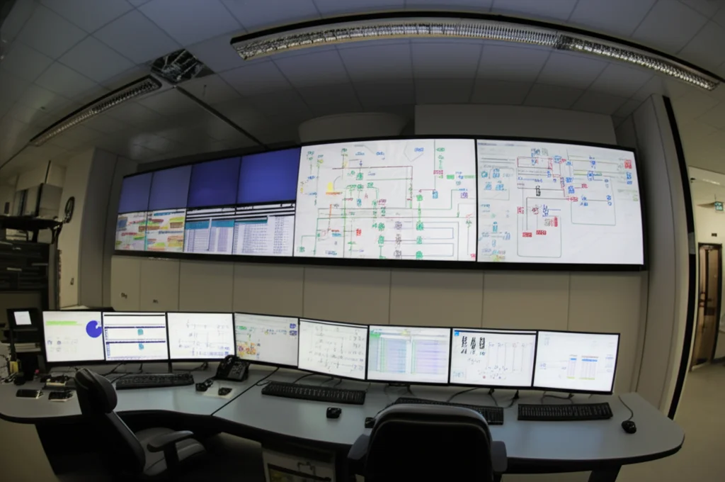 Fotografia grandangolare di una moderna sala controllo industriale con più schermi luminosi che mostrano diagrammi PeID integrati e dashboard di dati in tempo reale, luci ambientali soffuse, messa a fuoco nitida su tutti gli schermi, obiettivo grandangolare 15mm.