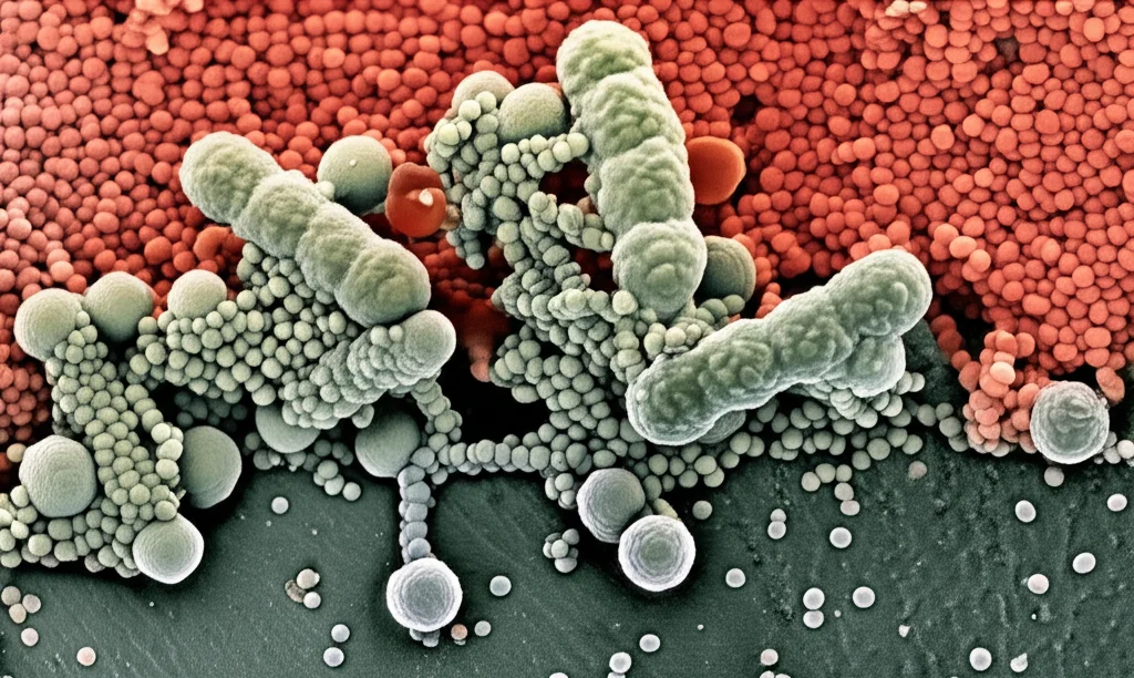 Immagine macro ad alta definizione di diverse specie di batteri orali che formano un biofilm complesso su una superficie simile a smalto dentale. L'illuminazione è controllata per evidenziare la struttura tridimensionale e le diverse morfologie batteriche (cocchi, bacilli). Lente macro 100mm, alta definizione, messa a fuoco precisa.