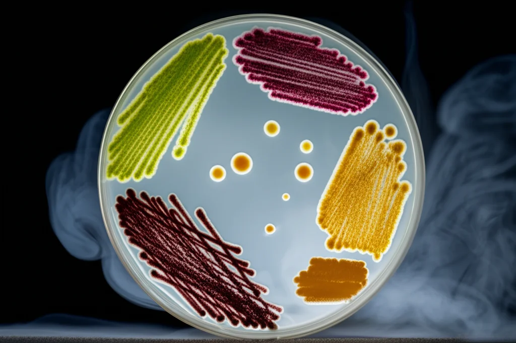 Fotografia scientifica di una piastra di Petri con diverse colonie batteriche colorate esposte a un leggero vapore che simula l'aerosol di una sigaretta elettronica. L'immagine è scattata con una lente macro 60mm, illuminazione diffusa per ridurre i riflessi, alta definizione per mostrare i dettagli delle colonie e l'interazione con il vapore.