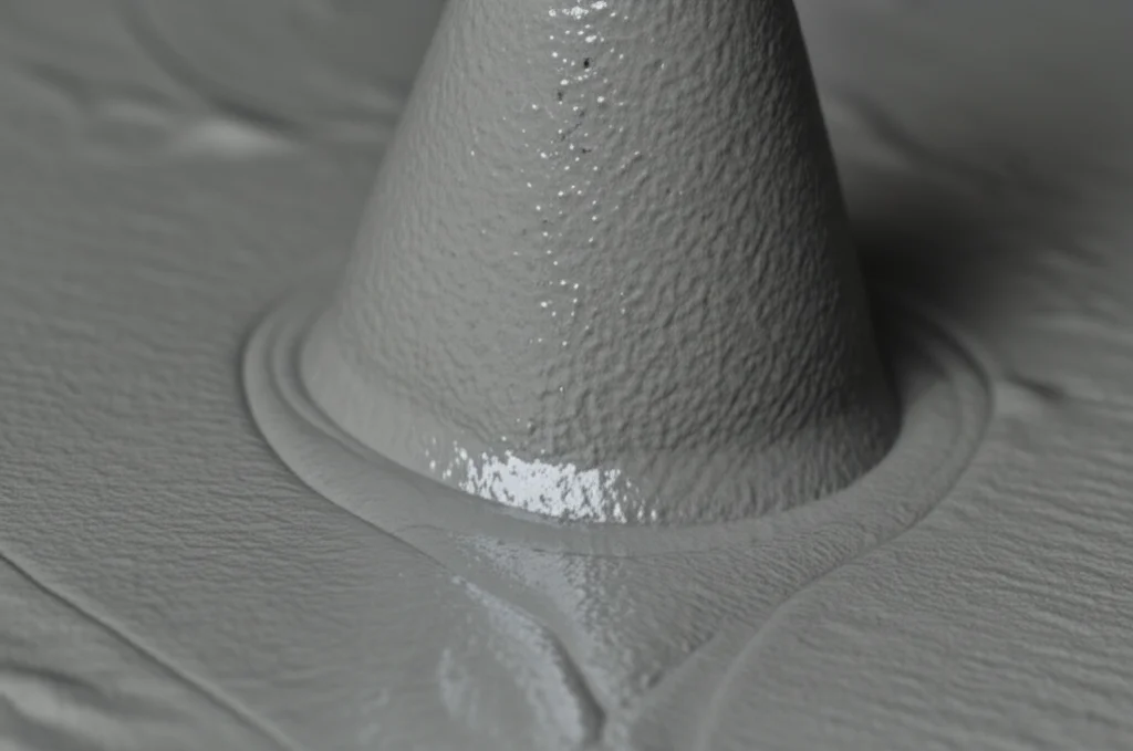 Fotografia macro di una malta autocompattante grigia e fluida che si spande da un mini-cono di Abrams su una superficie piana, catturando il movimento con alta definizione. Obiettivo macro 60mm, illuminazione controllata per evidenziare la texture.