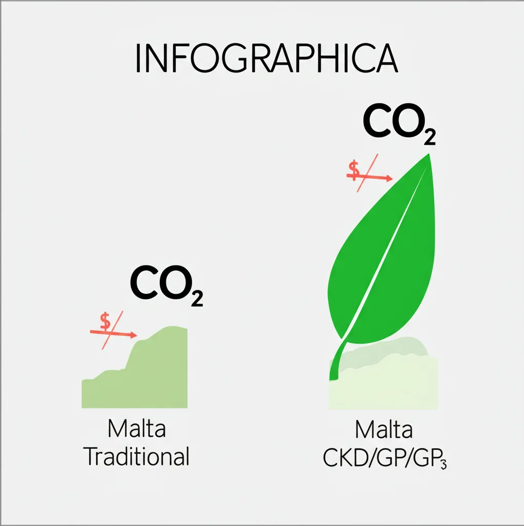 Infografica stilizzata che confronta due barre: una per la malta tradizionale (più alta, con icona CO2 e simbolo $), e una per la malta ottimizzata con CKD/GP (più bassa, con icona foglia verde e simbolo $ ridotto). Sfondo neutro, design pulito.