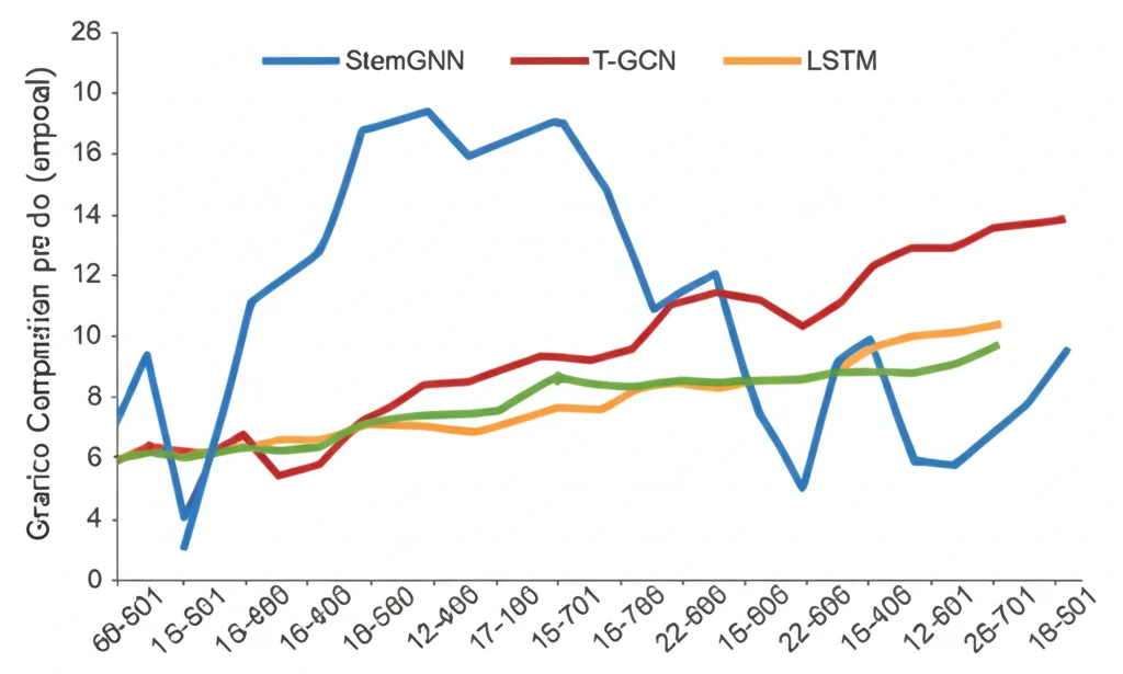 Grafico comparativo che mostra le curve di previsione dei prezzi (StemGNN, T-GCN, LSTM) rispetto ai prezzi reali di un prodotto agricolo, evidenziando la riduzione dell'errore e dello sfasamento temporale con i modelli GNN, stile infografica chiara, colori distinti per ogni modello.