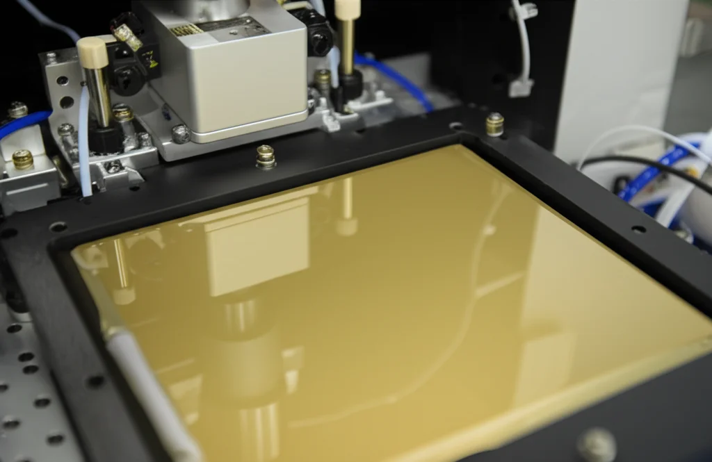 Immagine macro, 80mm, di un wafer di quarzo in una camera bianca durante il processo di spin-coating del polimero LOR3A per creare metamateriali THz 3D, illuminazione controllata, alta definizione, focus preciso sul sottile strato polimerico.