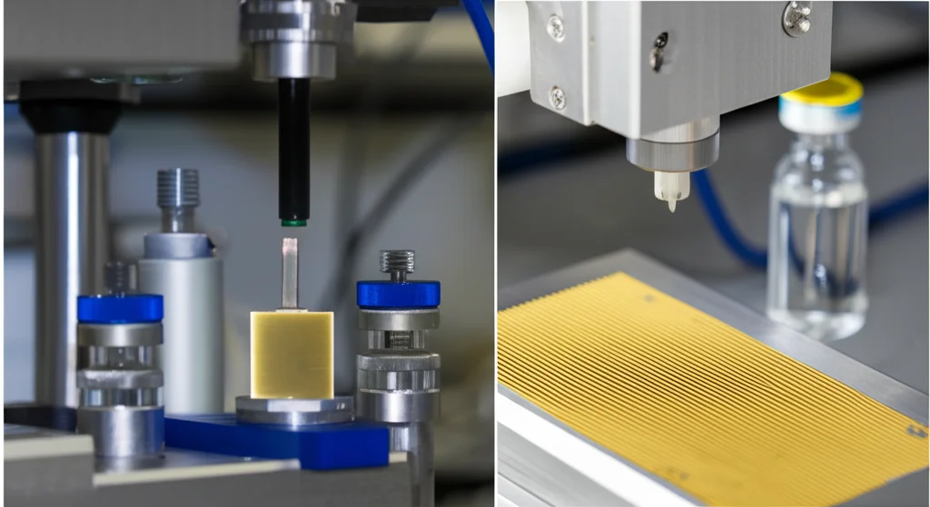 Fotografia still life, lente macro 100mm, del metamateriale THz 3D montato in un setup spettroscopico THz-TDS, con fascio THz che lo attraversa. Accanto, una fiala di Isopropyl Alcohol (IPA) pronta per essere introdotta, focus preciso, illuminazione da laboratorio scientifico.