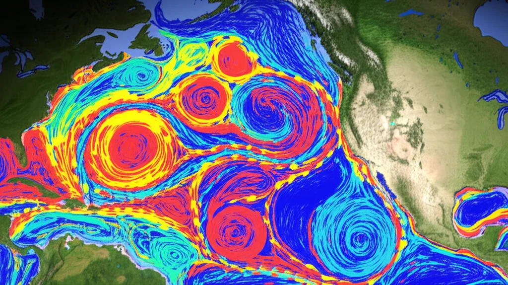 Visualizzazione dati scientifica fotorealistica, mappa 3D che mostra le principali correnti oceaniche come la Corrente del Golfo, rappresentate come flussi colorati e dinamici sulla superficie dell'oceano, illuminazione controllata, alta definizione, stile National Geographic.