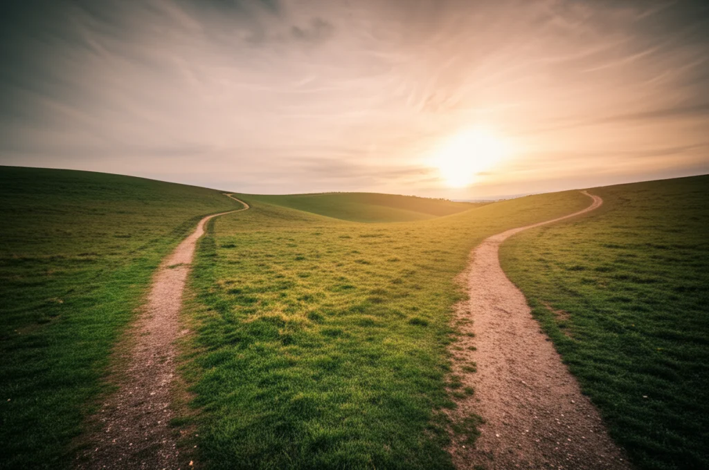 Paesaggio ampio al tramonto con un sentiero che si biforca. Un sentiero conduce verso colline verdi e soleggiate, l'altro verso una zona più ombrosa e incerta. Lente grandangolare 20mm, lunga esposizione per nuvole morbide nel cielo caldo, messa a fuoco nitida su tutto il panorama.