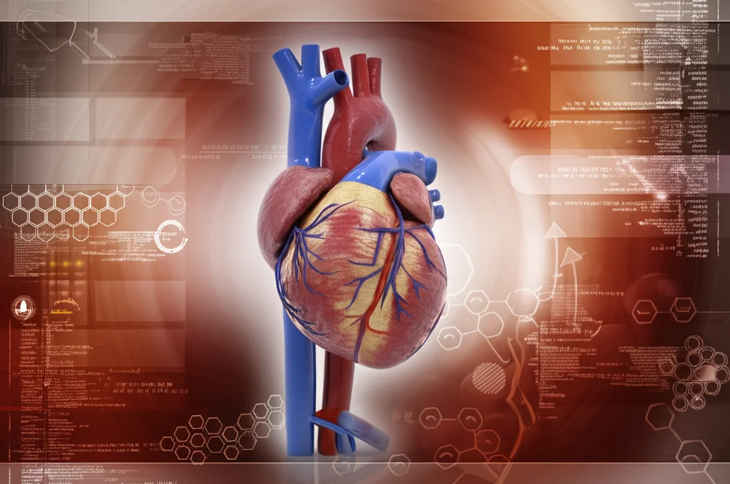 Immagine medica stilizzata di un cuore umano sano con vasi sanguigni puliti e luminosi. Sfondo astratto con elementi grafici legati al metabolismo. Illuminazione morbida, colori caldi, alta definizione.